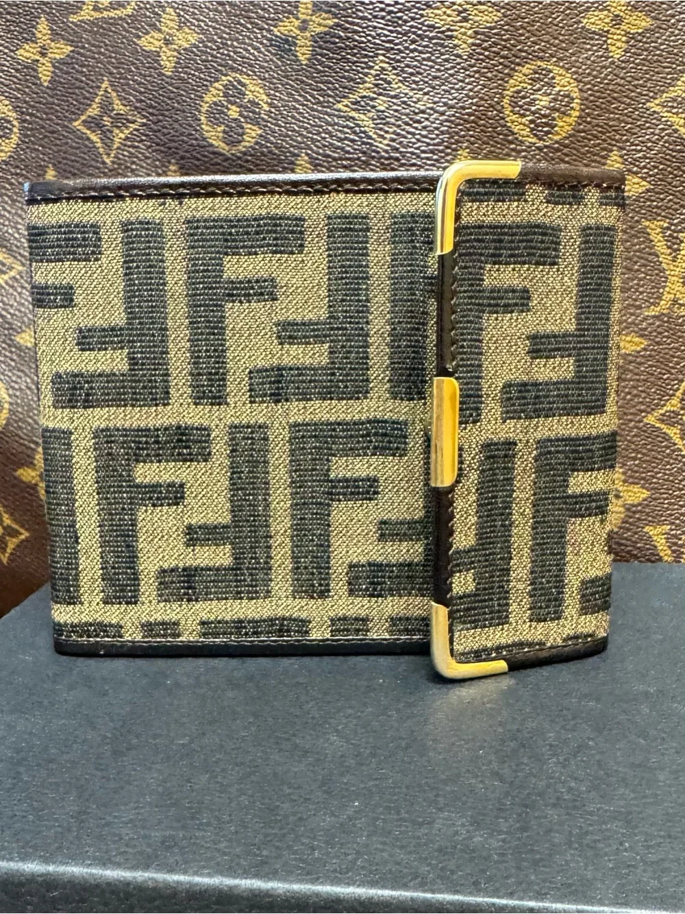 Fendi Brown and Black FF Canvas Bifold Wallet with Gold Accents